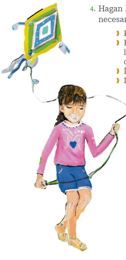 Ilustración de una niña con camiseta rosa y pantalón azul volando una cometa cuadriculada de colores; crédito: Ana Cecilia Gaytán Ortiz, Guanajuato.