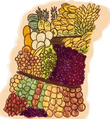 Ilustración de una canasta con frutas y verduras variadas (plátanos, piñas, uvas, manzanas). Crédito: Gimenna Schiaffini Rosales, PUEBLA.