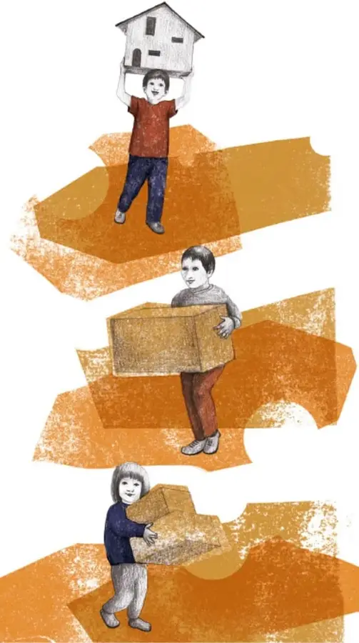 Secuencia ilustrada de tres niños: uno cargando una casa sobre su cabeza, otro con una caja y una tercera persona con un bulto, representando la entrega de ayuda y refugio. Crédito: Rosana Mesa Zamudio, PUEBLA.