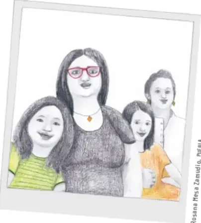 Ilustración de una familia (madre con hijas) en formato de fotografía polaroid; crédito: Rosana Mesa Zamudio, Puebla.