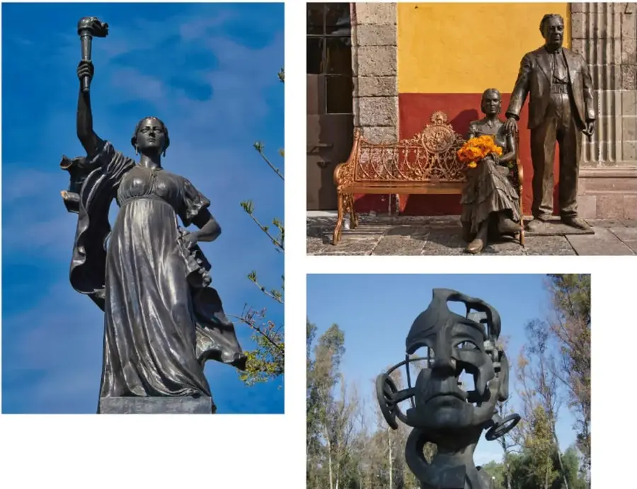 Escultura de bronce de una mujer de pie con vestido largo y drapeado; levanta el brazo derecho sosteniendo una antorcha o bastón cilíndrico. Fondo de cielo azul con ramas.