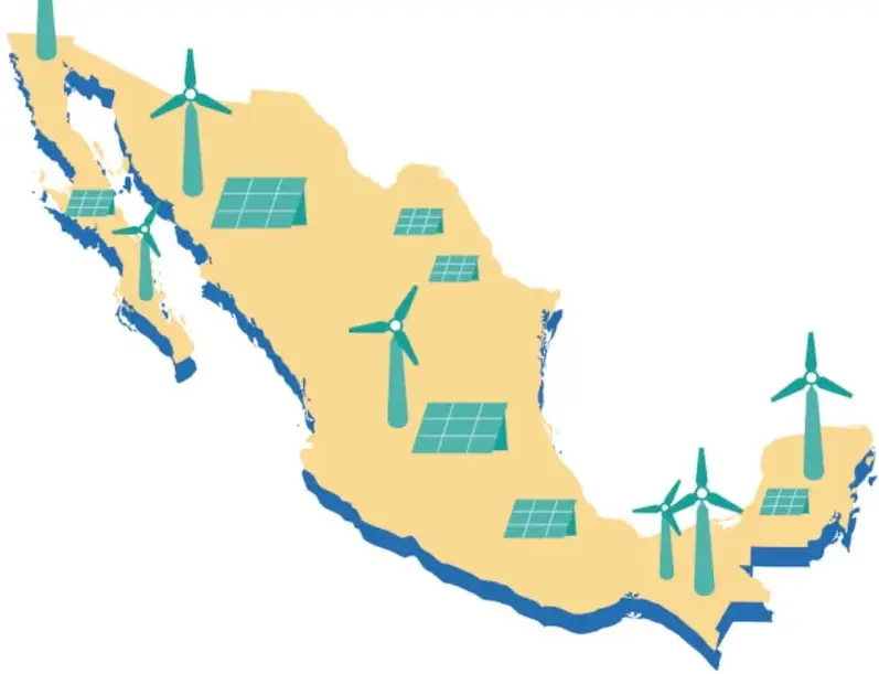 Mapa de México en color amarillo con contorno azul, sobre el que se distribuyen aerogeneradores (turbinas eólicas) y paneles solares, simbolizando la instalación de energías renovables en distintas regiones del país.