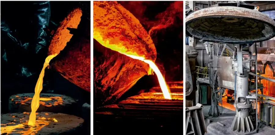 Tres fotografías: (1) vertido de metal fundido incandescente desde un recipiente hacia un molde; (2) gran crisol volcando metal líquido brillante sobre piezas en un taller; (3) horno o equipo industrial de fundición dentro de una planta metalúrgica.