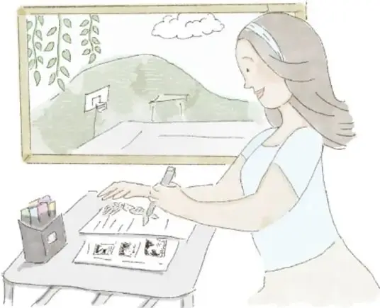 Ilustración de una estudiante con cabello castaño y diadema, sentada en una mesa dibujando o escribiendo en unas hojas; detrás hay un cuadro o ventana con un paisaje de cancha deportiva, árboles y nubes. Crédito: Mariana Haide Calderón Cifuentes, CIUDAD DE MÉXICO.
