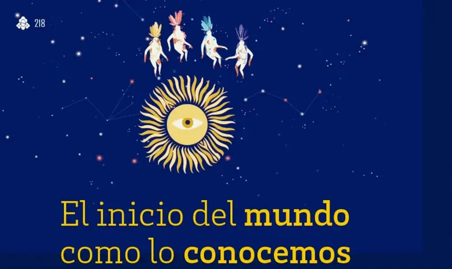 Cielo nocturno estrellado azul oscuro con cuatro figuras danzantes con plumas (estilo arte popular) y un gran sol dorado con un ojo en el centro; debajo, el título «El inicio del mundo como lo conocemos».