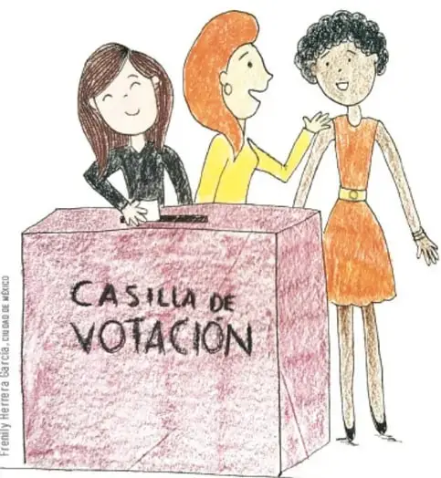 Ilustración de tres mujeres junto a una casilla de votación con la leyenda 'CASILLA DE VOTACIÓN'.
