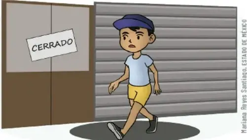 Ilustración de Santiago, un niño con gorra azul y playera celeste, caminando frente a una tienda con cortina metálica y un cartel que dice 'CERRADO'.