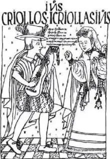 Ilustración histórica que representa la diferencia social y cultural entre criollos y españoles durante el período colonial.