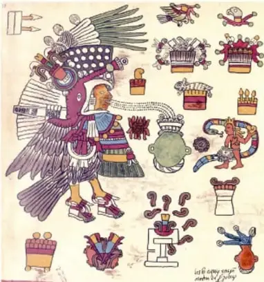 Página de códice con Tezcatlipoca emplumado y objetos rituales (espejos, vasijas, pieles) alrededor.