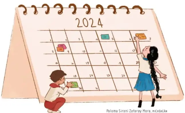 Ilustración de un calendario de mesa del año 2024; un niño se agacha a colocar una nota y una niña de falda azul alcanza las notas superiores. Crédito: Paloma Sirani Zatarain Mera, MICHOACÁN.