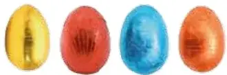 Cuatro huevos de Pascua de colores: amarillo, rojo, azul y naranja.