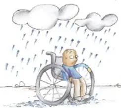 Ilustración de una persona en silla de ruedas bajo la lluvia, junto al recuadro que recomienda mantener la comunicación con personas adultas de confianza.