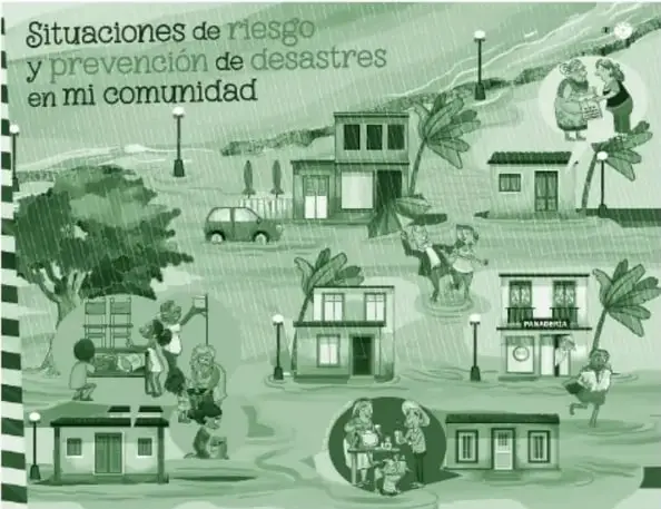 Miniatura de la ficha 'Situaciones de riesgo y prevención de desastres en mi comunidad': comunidad ilustrada en tonos verdes con casas, palmeras, árboles, un auto, postes de luz y personas conviviendo; en un círculo se ve a personas reunidas alrededor de una mesa.