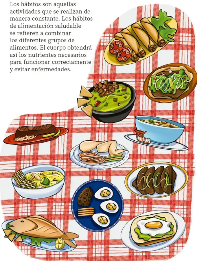 Gran ilustración de una mesa con mantel rojo a cuadros y platillos mexicanos: flautas con tomate, sopes con verdura y crema, guacamole con totopos, pozole, caldo, mole, carne con nopales, sopa de verduras, huevo estrellado con frijoles y pescado con limón (Dolce Estrella del Río Madina, UAMUNITUM).