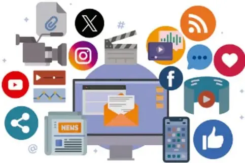Collage de iconos de medios y redes sociales (video, correo, noticias, redes, podcasts, radio) alrededor de una computadora.