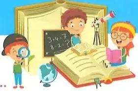 Ilustración de niños estudiando ciencias, con un libro, un telescopio y una pizarra.