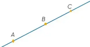 Segmento de recta inclinado con tres puntos marcados: A (extremo inferior izquierdo), B (punto medio) y C (extremo superior derecho).