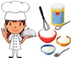 Un cocinero aparece junto a recipientes e ingredientes de una receta medida con tazas, cucharadas y cucharaditas.