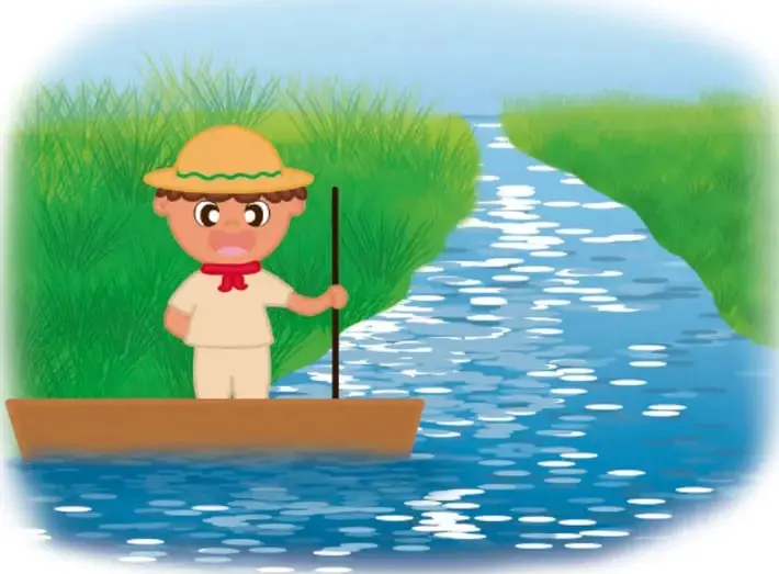 Ilustración de un niño con sombrero y paliacate rojo que navega en una canoa por un canal rodeado de vegetación acuática verde y agua azul.