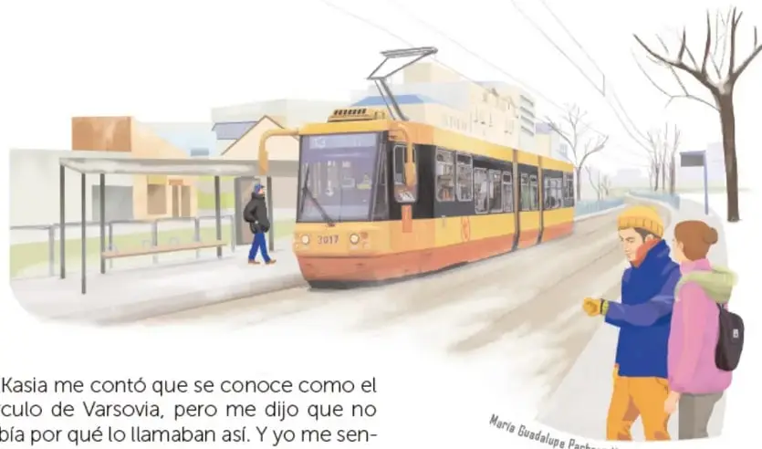 Ilustración de una parada de tranvía en Varsovia con un tranvía amarillo y naranja, dos personas esperando y un árbol sin hojas.