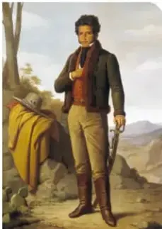 Retrato de Vicente Guerrero, obra de Tiburcio Sánchez, resguardado en el Palacio del Ayuntamiento de la Ciudad de México. Se observa a Guerrero de pie, con traje de la época.