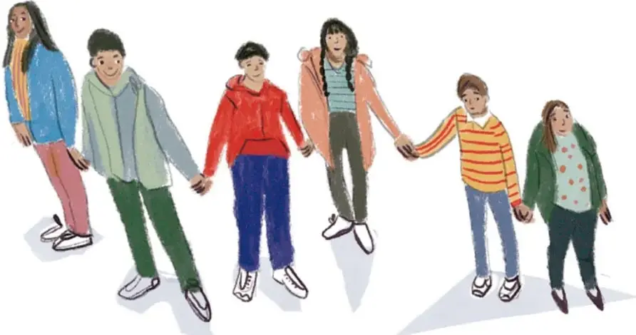 Ilustración de seis estudiantes tomados de la mano, formando una cadena.