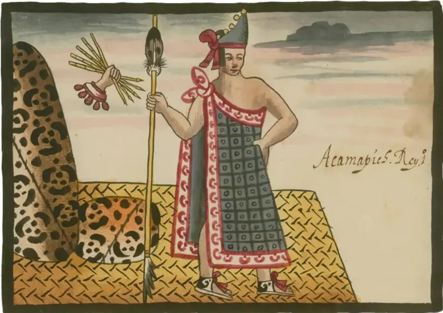 Ilustración de un gobernante mexica con tocado, capa decorada y bastón de mando, de pie junto a un trono de piel de jaguar; al fondo, un paisaje lacustre. Texto manuscrito: "Acamapichtli Rey".
