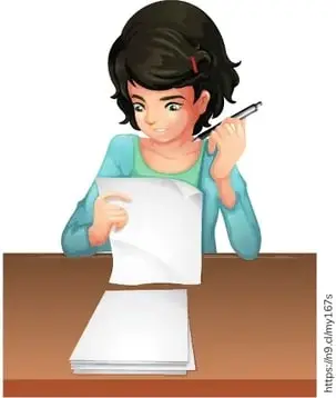 Niña sentada en escritorio sosteniendo un papel y un lápiz, representando la escritura.