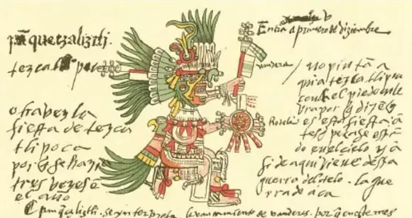 Códice colonial con un personaje ricamente ataviado, tocado de plumas, escudo y bastón, rodeado de glifos y texto en náhuatl con caracteres latinos.