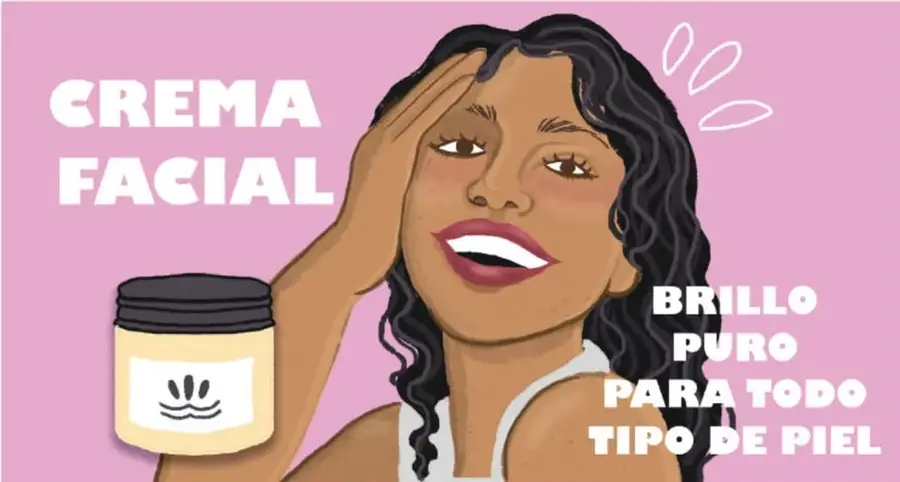 Cartel publicitario con fondo rosa, una modelo joven de piel morena y cabello ondulado, sonriente, con la mano en la frente, sosteniendo un frasco de crema facial. Textos: «CREMA FACIAL» y «BRILLO PURO PARA TODO TIPO DE PIEL».