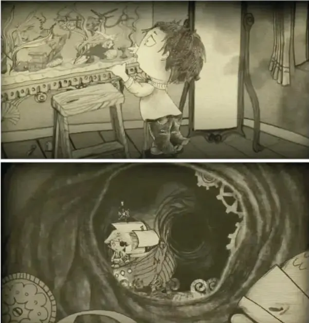 Fotograma animado en tonos sepia: un niño de pie sobre una banqueta mira por una ventana repleta de objetos y figuras animadas, como peces y plantas.