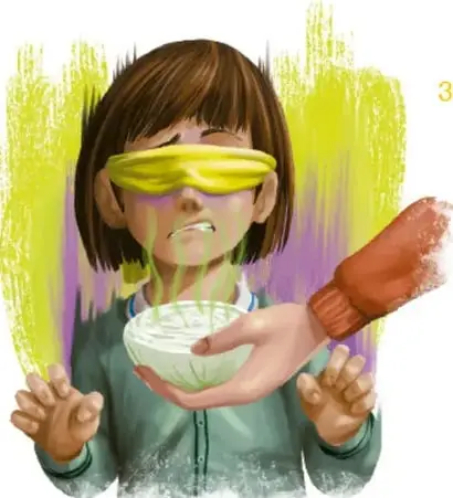 Ilustración de una niña con los ojos vendados con una cinta amarilla que sostiene un recipiente blanco, mientras una mano le ofrece un objeto de color marrón; al fondo hay trazos amarillos y morados.