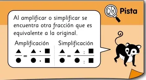Recuadro 'Pista' con un dibujo de un animal (monito) que explica la amplificación y simplificación de fracciones con símbolos.