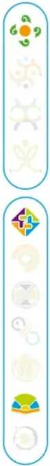 Cinta con iconos de colores (flores, figuras geométricas) que funcionan como identidad visual de la sección.