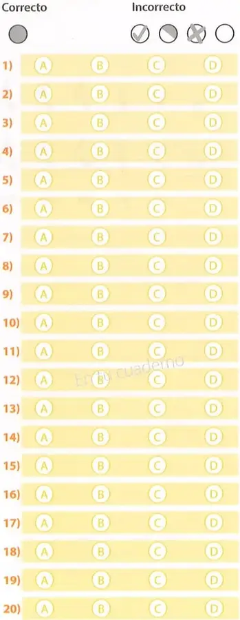 Hoja de respuestas con filas numeradas del 1 al 20 y opciones A, B, C y D para marcar.