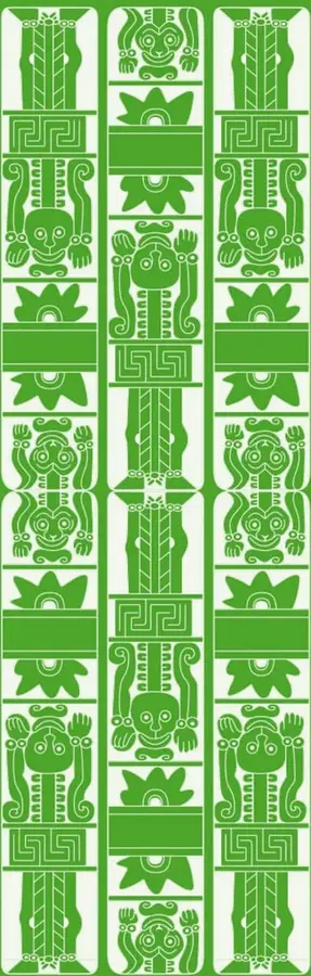 Ilustración de estilo pictográfico indígena en tonos verdes sobre fondo blanco, compuesta por tres columnas verticales con figuras antropomorfas, geométricas y florales repetidas, evocando arte prehispánico o textil comunitario.