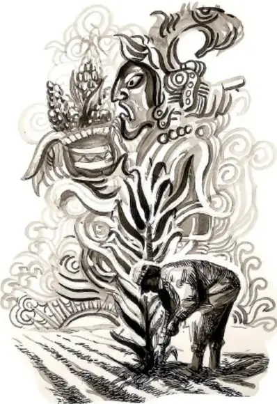 Ilustración de Octavio Sánchez Dropeza (Veracruz) que muestra a una figura con rasgos de la tierra y las plantas, junto a un campesino trabajando el suelo, simbolizando la relación entre la tierra y el alimento.
