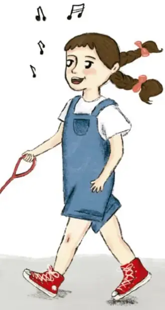 Niña con dos coletas y overol azul pasea a un perro café con correa roja; sobre ella flotan notas musicales, lo que sugiere que va cantando.