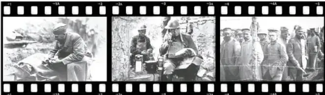 Tira de película cinematográfica con tres fotografías en blanco y negro de soldados y escenas bélicas de la Primera Guerra Mundial.