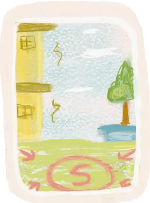 Ilustración de un aula escolar con señalamientos de evacuación, una ventana, un árbol y una flecha que indica la salida.