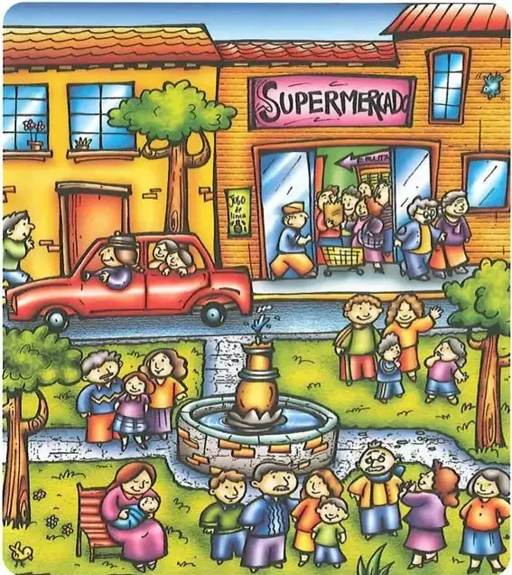 Ilustración de un parque con árboles, una fuente, familias, niños y un supermercado cercano.