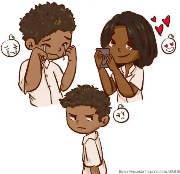 Ilustración de tres adolescentes con expresiones emocionales distintas (tristeza, alegría al ver el teléfono, enojo), acompañadas de emojis que representan cada emoción; el pie de foto indica 'Danna Fernanda Trejo Valencia, VERACRUZ'.