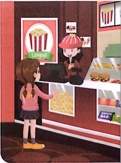 Ilustración de una niña comprando alimentos en un puesto o local de comida.