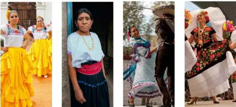 De izquierda a derecha: bailarinas con faldas amarillas y blusas bordadas; mujer indígena con huipil blanco y faldas; pareja de danza folclórica con sombrero; bailarina con falda negra bordada de flores.