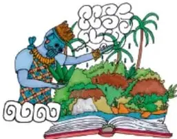 Ilustración de un personaje azul leyendo un libro abierto del que salen imágenes de palmeras y montañas.