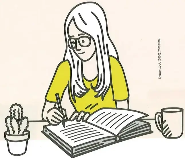 Ilustración de una persona joven leyendo un libro, sentada. La imagen refuerza el contexto de lectura y análisis literario de la página.