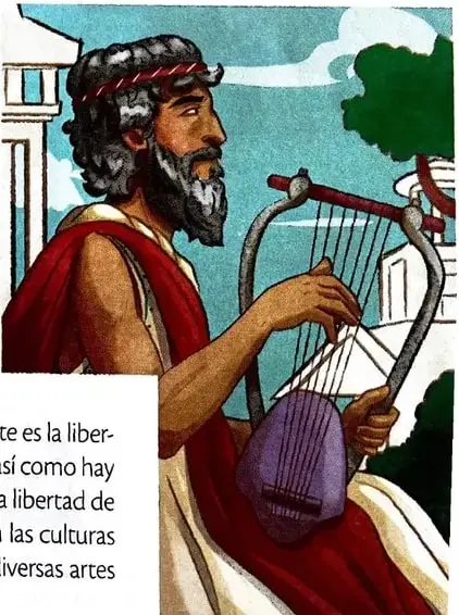 Ilustración de un poeta o músico griego tocando una lira.