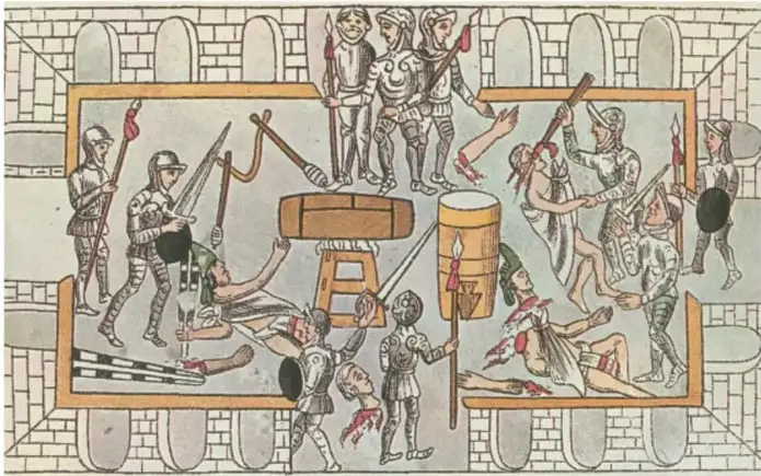 Ilustración de la Nobleza de México-Tenochtitlan asesinada en el Templo Mayor, con personajes españoles y mexicas en combate.