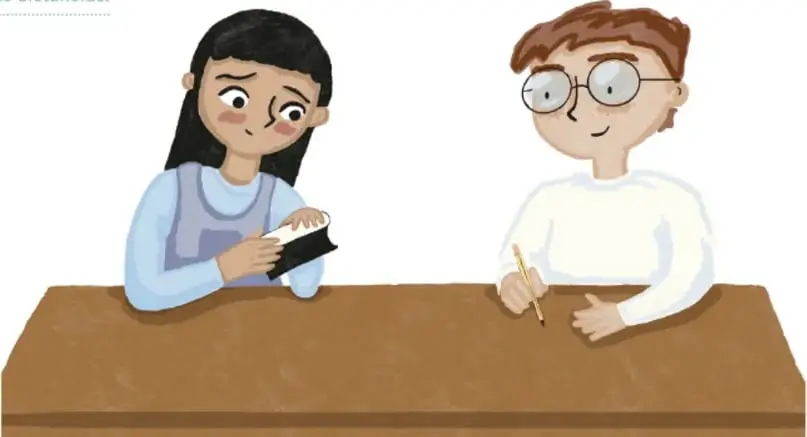 Ilustración de una niña y un niño sentados en un pupitre. La niña sostiene un cuaderno y el niño tiene un lápiz. Ambos parecen estar realizando la actividad.
