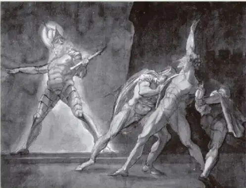 Reproducción de la pintura de Henry Fuseli (1789) que muestra a Hamlet con el fantasma de su padre frente al Palacio de Elsinor, con Horacio sosteniéndolo.